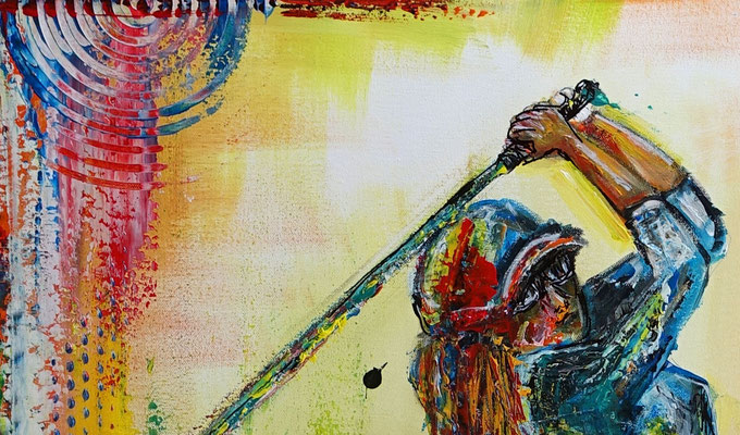 Golferin Golfspielerin Abschlag handgemalte Golfbilder Malerei Wandbilder Acrylgemälde Unikate 80x100x2