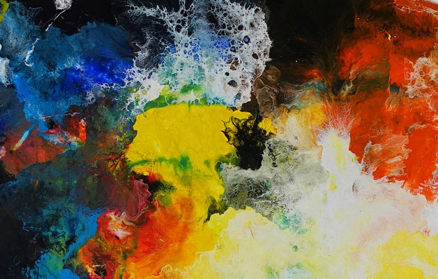 Galaktischer Nebel abstrakt gemalt Fluid Art Wandbild blau gelb bunt Original Gemälde Acryl Malerei