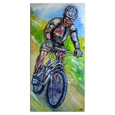 Mountainbiker Downhill handgemaltes Wandbild Unikat Kunstbild Malerei 60x120 