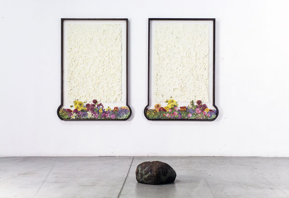 gardens, 2019, cut on paper, collage with shaped frame, 130x95 cm and garden rock, 2019, ceramic, enamel and oxide, 16x35x30 cm