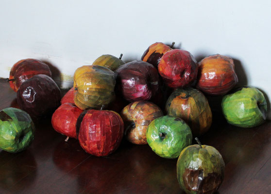 untitled (rotten apples), 2022, collage, glue, papier-mâché, variable measures, life size apples