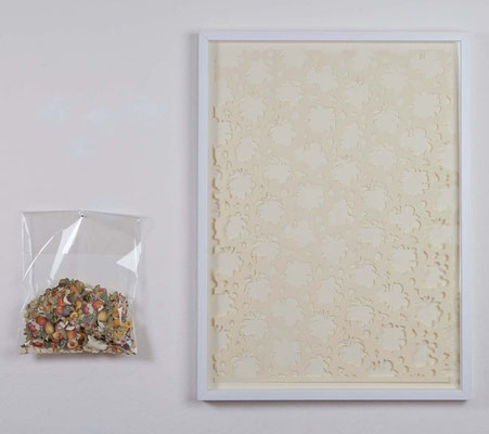 the place of flower and fruit, 2015, cut-out on paper, plastic bag, 70x50 cm + bag 40x30 cm