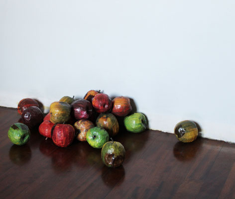 untitled (rotten apples), 2022, collage, glue, papier-mâché, variable measures, life size apples