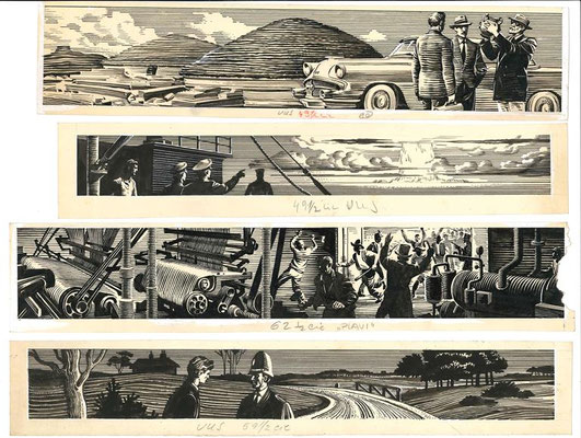 Collage aus vier Schwarz-Weiß-Grafiken: Archäologie, See-Explosion, Fabrik-Drama und Polizei-Szene im markanten Holzstich-Stil, Zdenko Svirčić, Zagreb, Kroatien