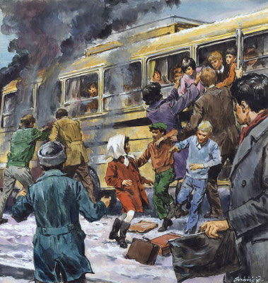 Dramatische Illustration: Passagiere flüchten aus brennendem gelbem Bus im Schnee, Zdenko Svirčić, Zagreb, Kroatien