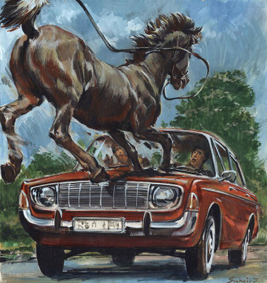 Dramatische Illustration eines Pferdes auf der Motorhaube eines roten Autos, Zdenko Svirčić, Zagreb, Kroatien