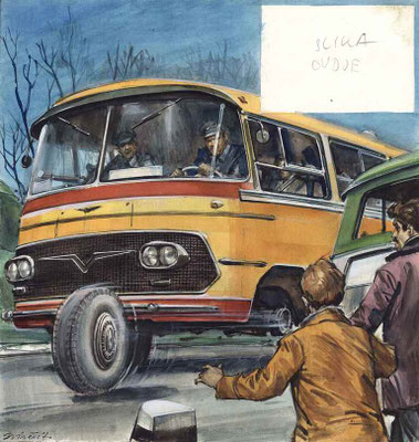 Dramatische Illustration eines gelben Busses mit wegrollendem Vorderrad, Zdenko Svirčić, Zagreb, Kroatien