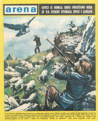 Dramatische Illustration von Jägern, die im Gebirge einen riesigen Adler abwehren, Zdenko Svirčić, Zagreb, Kroatien