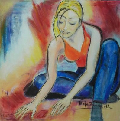 Farbenfrohes Acrylgemälde einer sitzenden Frau in Orange und Blau