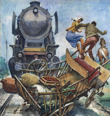 Dramatische Illustration: Dampflok rammt Pferdefuhrwerk, Personen springen in Panik ab, Zdenko Svirčić, Zagreb, Kroatien