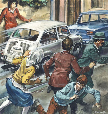 Dramatische Illustration von Passanten, die entsetzt auf einen Autounfall reagieren, Zdenko Svirčić, Zagreb, Kroatien