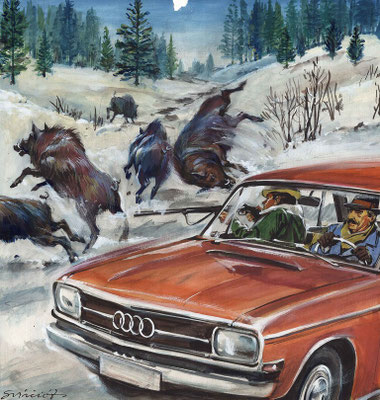 Dramatische Illustration eines roten Audi im Schnee, Beifahrer zielt mit Gewehr auf flüchtende Wildschweine, Zdenko Svirčić, Zagreb, Kroatien