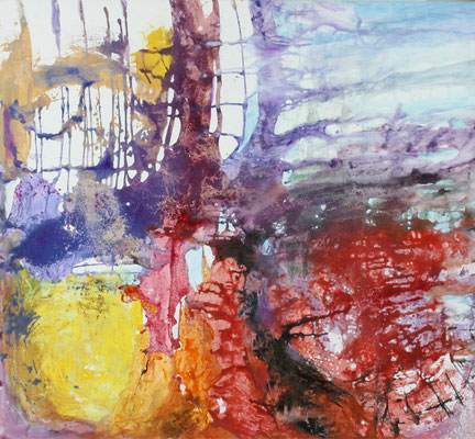 Abstraktes Acrylgemälde 'Entrance 5' mit explosiven Farben in Rot, Gelb und Violett sowie netzartigen Strukturen