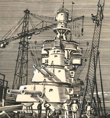 Detaillierte Schwarz-Weiß-Grafik eines massiven Kriegsschiffs mit großen Geschütztürmen; Seeleute auf dem Deck und an Strickleitern; Zdenko Svirčić, Zagreb, Kroatien