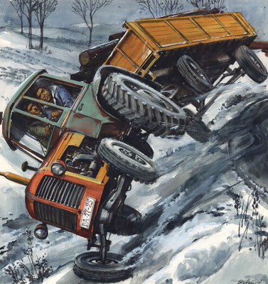 Dramatische Illustration eines verunglückenden Traktors mit Holzanhänger im Schnee, Zdenko Svirčić, Zagreb, Kroatien