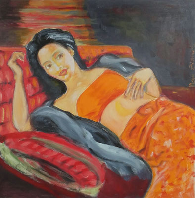 Acrylgemälde 'Sehnsucht' einer liegenden Frau in Orange auf einem roten Sofa