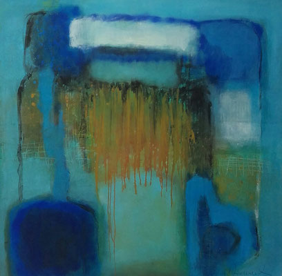 Abstraktes Acrylbild 'Matrose' in Blau und Türkis mit markanten gelben Farbläufen