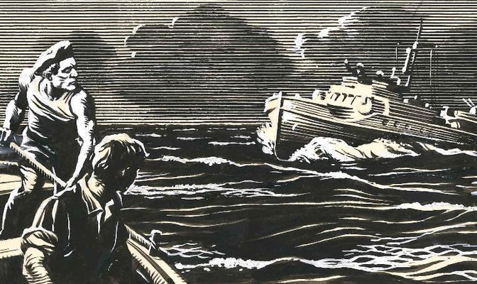 Dramatische Schwarz-Weiß-Grafik: Zwei Männer in einem kleinen Ruderboot beobachten ein herannahendes Patrouillenschiff auf unruhiger See; Zdenko Svirčić, Zagreb, Kroatien