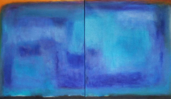 Abstraktes blaues Diptychon 'Faszination 51' mit atmosphärischen Farbschichten und dunklem Akzent