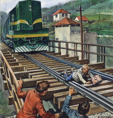 Dramatische Illustration eines grünen Zuges auf einer Brücke, Kind auf den Gleisen, Zdenko Svirčić, Zagreb, Kroatien