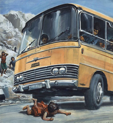 Dramatische Illustration eines gelben Busses, der knapp vor einem Kind auf der Straße stoppt, Zdenko Svirčić, Zagreb, Kroatien