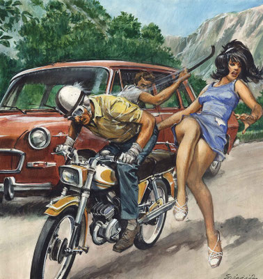 Dynamische Illustration eines Angriffs auf ein Motorrad-Gespann aus einem roten Auto, Zdenko Svirčić, Zagreb, Kroatien