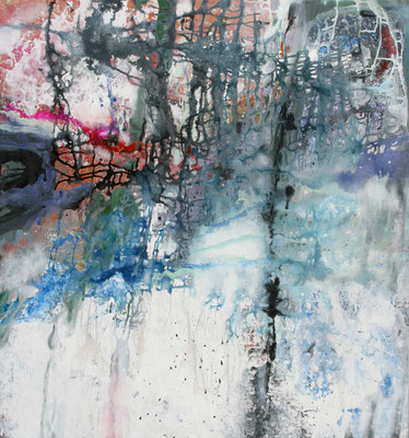 Abstraktes Acrylgemälde 'Entrance 3' mit weißer Basis, dunklen Netzstrukturen und leuchtendem Magenta