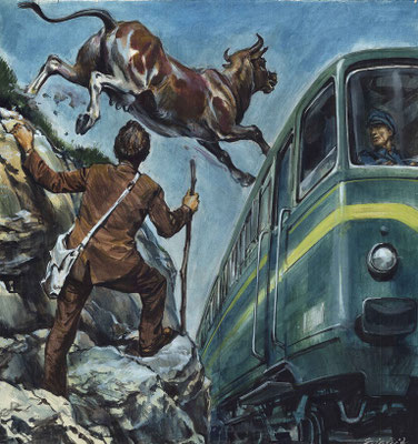 Dramatische Illustration eines Stiers, der über einen grünen Zug springt, beobachtet von einem Mann am Felsen, Zdenko Svirčić, Zagreb, Kroatien