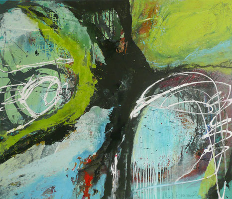 Abstraktes Acrylbild mit leuchtend grünen und blauen Flächen, markanten schwarzen Gesten und weißen Liniengeflechten