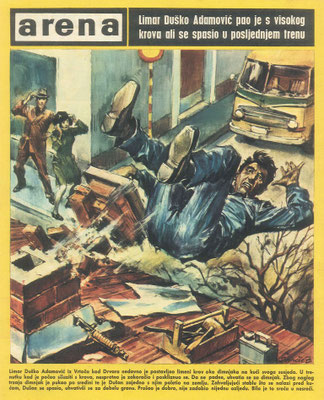 Illustration eines Handwerkers, der rücklings von einem Dach stürzt, gezeichnet von Zdenko Svirčić, Zagreb, Kroatien
