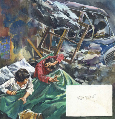 Illustration eines blauen Busses, der in ein Schlafzimmer kracht; schockierte Personen im Bett, Zdenko Svirčić, Zagreb, Kroatien