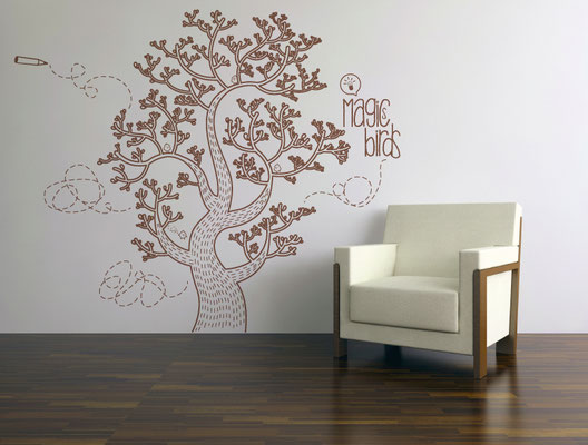 Conception illustration, sticker mural "Magics birds".
