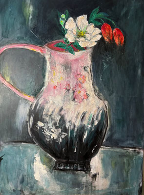 ARTwork: Rosa Andrea Martin (AT) - Titel: Vase mit drei Blumen | Mixed Media, Acryl und Ölfarbe auf Leinwand: 70x100cm | 730,00€