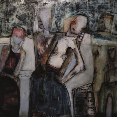 ARTwork: Rosemie Becker (DE) - Titel: Menschen bei Nacht - wankende Welt | Leinwand, Acryl: 100x100cm | 2.000,00€