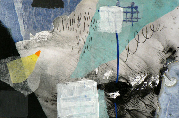 ARTwork: Evelyn Marschall-Gebhard (DE) - Titel: Geschichtete Landschaft (blau) | Mischtechnik, Collage auf Holz - Schattenfuge: 30x20cm | 300,00€