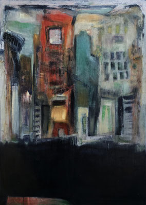 ARTwork: Rosemie Becker (DE) | SELECTed . 24 - Titel: StadtBild 2.1 - Feuer und Finsternis | Acryl, Kohle, Kreide auf Leinwand - 140x100x4cm | Preis: 3.200,00€