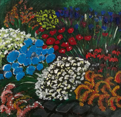 "im Botanischen Garten", Wachsmalkreide, Acryl, 16x16, € 50,00