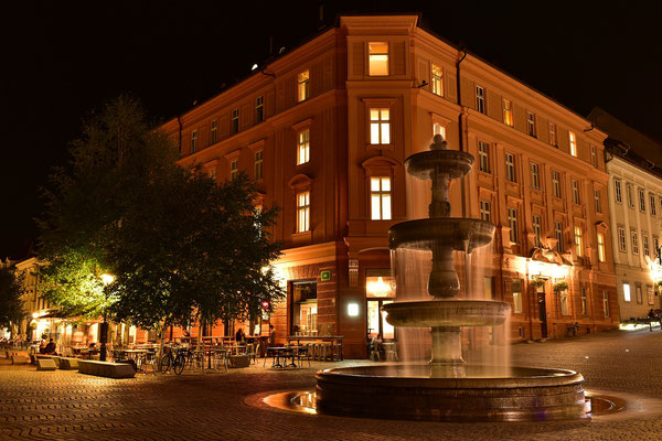 Brunnen bei Nacht in Ljubljana; Foto: Sabine Mathis