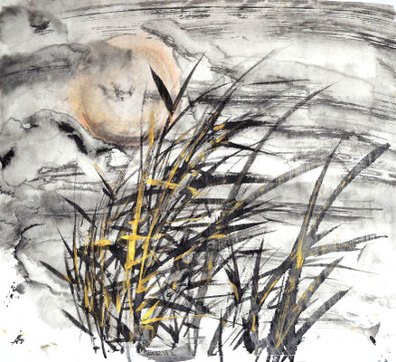 Gräser mit Mond/Sumi-e mit Goldfarbe/54,8x47,8cm/ID: 5S15-0542