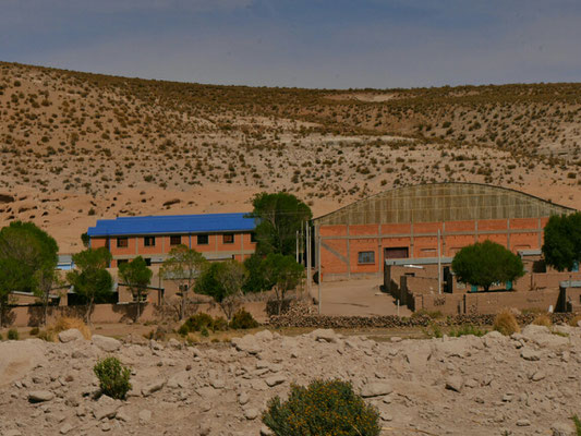 Ein Dorf (Gemeinschaft - comunidad). In diesem Gebäude rechts wird Quinoa verarbeitet. Alle Felder (manchmal nicht als solche für uns erkennbar) bauen Quinoa an, so etwa oberhalb von 3500 m. Bolivien ist der Hauptexporteur von Quinoa.