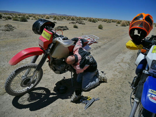 Meine Honda hat ein Problem mit dem Vergaser. Es tropft Benzin, und nicht wenig. Robin säubert die Schwimmerkammer und hofft das Beste. Wenn wir zu viel verlieren, könnte es nicht für zurück reichen...