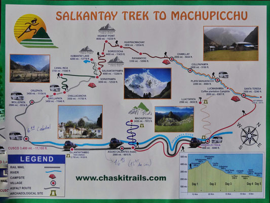 Unsere Tour. Geht im Uhrzeigersinn. Erster Tag Fahrt nach Mollepata und dann ein Stück weiter geht das Wandern los bis zum ersten Camp. Dort ein Wanderausflug n einen See und zurück. 2ter Tag gehen wir über den Salkantay Pass und dann wieder 1800 Höhenmeter runter bis zum Playa Blanca Fluss (schon Urwald, fließt in den Urubamba, den heiligen Fluss). Dritter Tag dann Besuch einer Kaffeeplantage und Wanderung an den Gleisen entlang bis Aguas Calientes. Am 4ten Tag dann Machu Picchu und ich dann am Tag darauf nochmal, mit Besteigung Montaña.