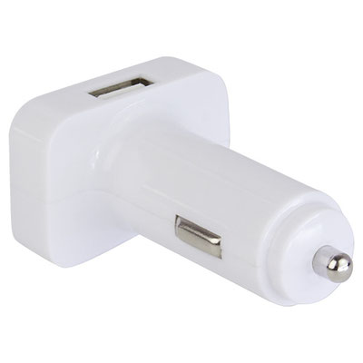 Código CRG 008 -CARGADOR INOKO- Cargador para automóvil con 2 entradas USB. El área de impresión enciende al conectar. Material: Plástico. Tamaño: 4.2 x 3 cm.