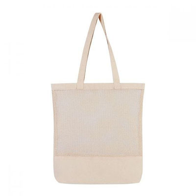 CÓDIGO SIN 251 Bolsa de red sin fuelle y asas. Material Algodón.  Medida 39 x 41 cm.