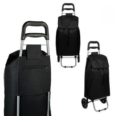 CÓDIGO SIN 224 Bolsa para supermercado con jareta y solapa, bolsa posterior con cierre, estructura de metal, base para sostenerse, agarradera de plástico y llantas.  Material Poliéster.  Medida 34 x 94.5 x 20 cm