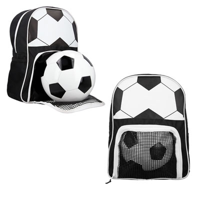 Código  BL 121 Mochila con temática de futbol y porta balón en forma de portería. Material: Poliéster    Alto: 40.0 cm. Ancho: 32.5 cm. Fuelle: 14.0 cm. (no incluye balon)
