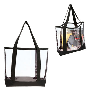 Código BL 097 PARAÍSO Bolsa plástica transparente con asas y base de poliéster. Material: PVC. Medidas Alto: 34.0 cm. Ancho: 34.0 cm. Fuelle: 10.0 cm.