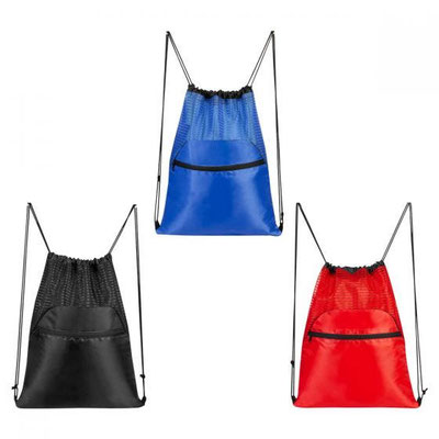 CÓDIGO SIN 319 BOLSA-MOCHILA KARLOVAC Bolsa-mochila con tirantes de cordón y cerrado de jareta. Bolsa frontal con cierre. Material Poliéster.  Medida 36.5 x 44 cm