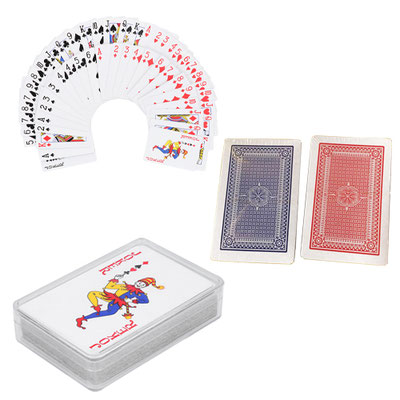 Código TL 017 POKER Juego de cartas con estuche de plástico. (52 unidades divididas en cuatro palos y 2 comodines con colores variados rojo y azul) Material: Plástico.  Medidas del producto Alto: 9.4 cm. Ancho: 6.3 cm.