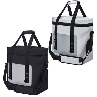 Código SIN 508 Interior y exterior plastificado impermeable. Bolsa principal con cierre, bolsillo frontal. Incluye asa de mano con velcro y correa larga ajustable. Capacidad para 24 latas.  Material: Laminado de Poliéster y Lona. Medida: 35 x 38 x 20 cm 